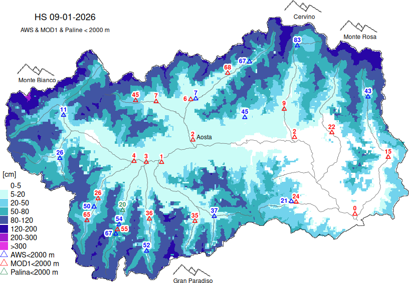 Snow depth + data < 2000m